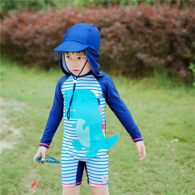 Cute Blue Dinosaur Childrens Swimsuit Long-sleeved Jumpsuit Blue and White Striped with Sunscreen Cap Fused Baby Boy Beach Suit