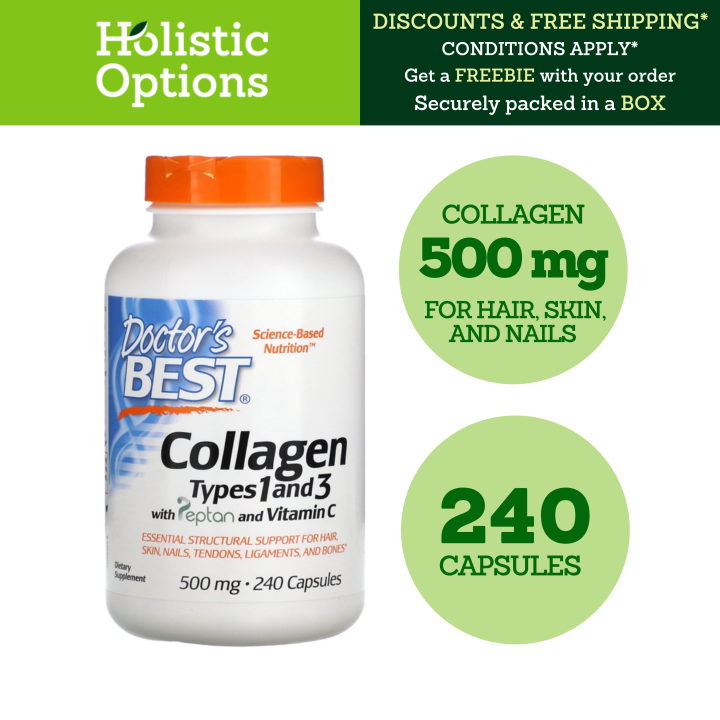 Collagen Types 1 and 3 with Peptan and Vitamin C, 500 mg, 240 Capsules