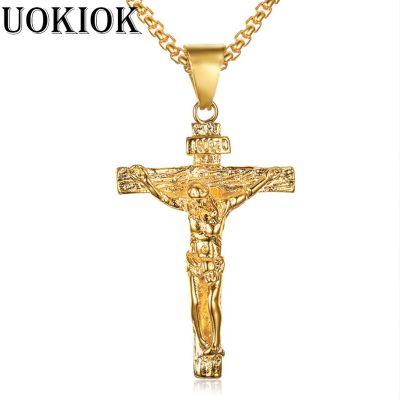 【CW】Gold Color Christian Stainless Steel Pendant Necklace for Men Women Fashion Jewelry Crucifix Jesus Cross Chain