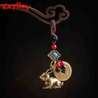 Vintage Brass Zodiac Rabbit Keychain Lanyard Pendants Handmade Braided Rope Chinese Five Emperors Coins Lucky Feng Shui Hangings