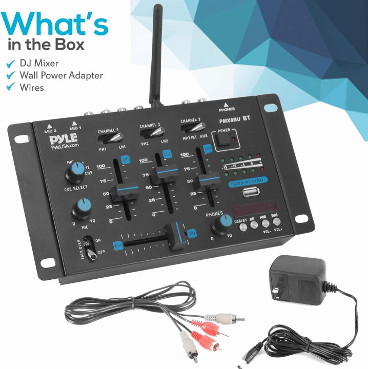 pyle-wireless-dj-audio-mixer-3-channel-bluetooth-compatible-dj-controller-sound-mixer-mic-talkover-usb-reader-dual-rca-phono-line-in-microphone-input-headphone-jack-pyle-pmx8bu-black