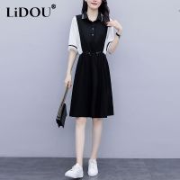 【YF】 Summer New Korean Fashion Polo-neck Patchwork Midi Dress Ladies Short Sleeve Drawstring Waist Casual Robe Female Elegant Vestido