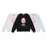 ♟☫♧BAPE เสื้อสเวตเตอร์คอกลมแขนยาวแบรนด์อินเทรนด์,เสื้อคู่สไตล์ผู้ชายและผู้หญิงลิงรุ่นลิมิเต็ดผ้าฝ้ายบริสุทธิ์พิมพ์ลายต้นไม้ออกดอกเชอร์รี่สีชมพู