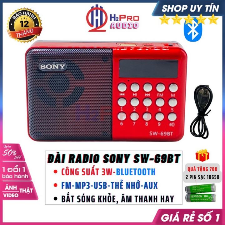 Đài Radio Fm Cho Người Già Sony SW-69BT, Máy Nghe Nhạc Mini Bluetooth  Mp3-Usb-Thẻ Nhớ, Quà 2 Pin Sạc 18650-H2Pro Audio 