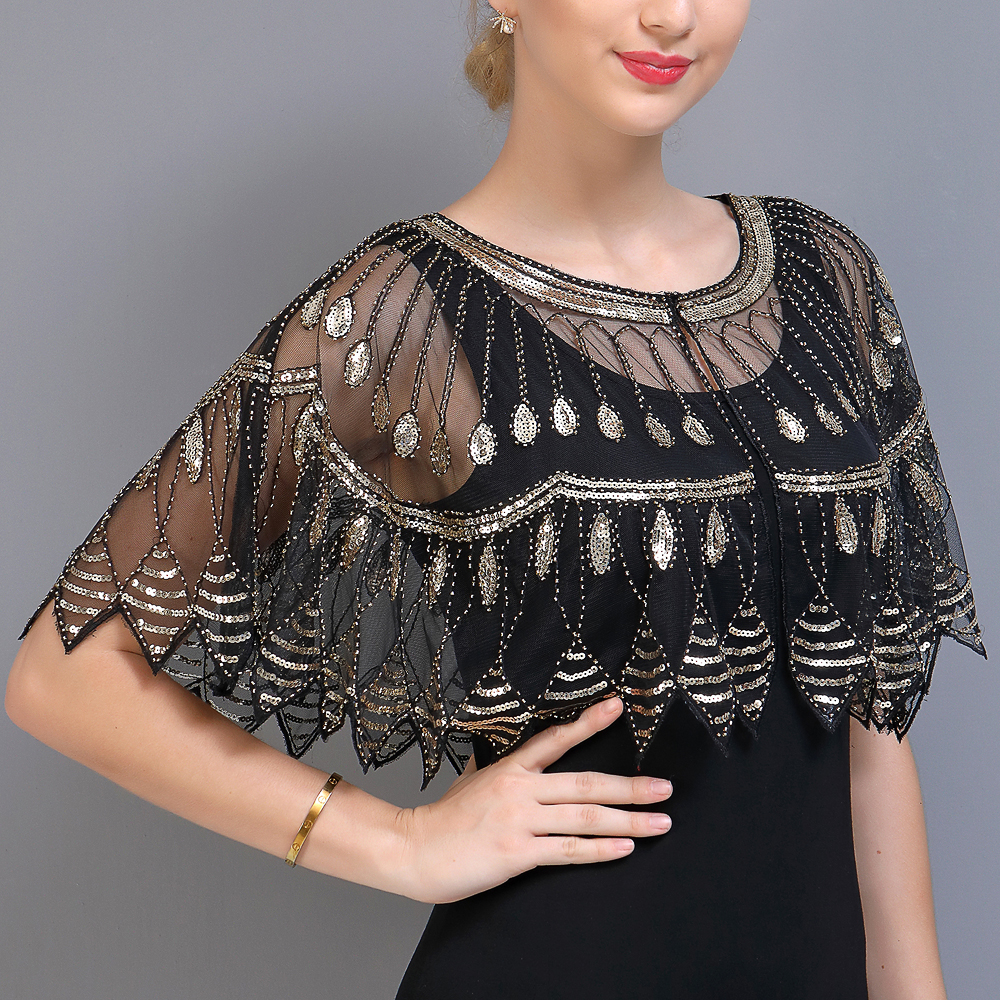 1920s Shawl Wraps with Gatsby Accessories Set with Costume Flapper Headpiece for Women Sequin Beaded Evening Prom Cape 
