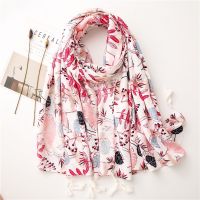 【Miki Xinyuan】ผู้หญิงแฟชั่น PinkFloral พู่ Viscose ShawlHighPrint WrapStole BufandasHijab สายผูกผม