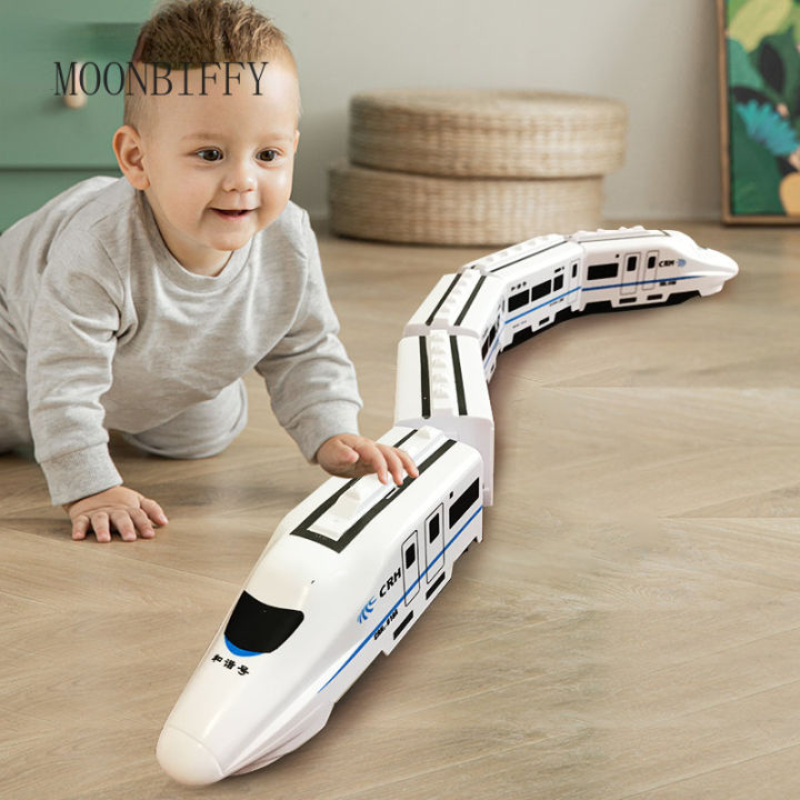 โมเดลรถไฟบล็อกรถไฟของเล่นทางรถไฟความเร็วสูงสำหรับเด็กไฟเสียงระบบไฟฟ้าการจำลองความกลมกลืนแบบทำมือ