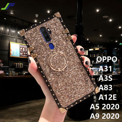 JieFie เคสป้องกันเต็มรูปแบบสำหรับ OPPO A9 2020 / A5 2020 / A31 / A3S / A12E /A5S เพชรหรูหราเคสโทรศัพท์สี่เหลี่ยมแวววาวเคสป้องกันเต็มรูปแบบพร้อมขาตั้งห่วง