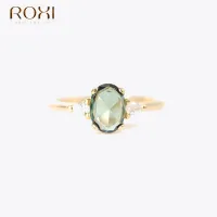 ROXI 925 Sterling Silver Ellipse สีเขียว Shining แหวนคริสตัลคริสตัลสำหรับผู้หญิงหญิงสาวงานแต่งงานงบพรรคเครื่องประดับ Anillos