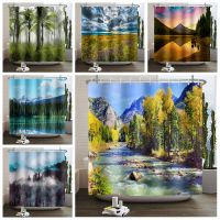 Natural Scenery Shower Curtain Forest Waterfall Floral Bathtub Screen Waterproof Fabric Bathroom Curtain with 12pcs Hook 180x200