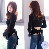 ?Korea NEW เสื้อคอกลมแขนยาว ด้านหลังผ่าแต่งผูกโบว์