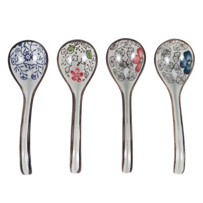 4 Pieces Asian Retro Chinese Ceramic Rice Spoons Curved Handle Ramen Soup Spoon Painted Flower Spoons with Long Handle