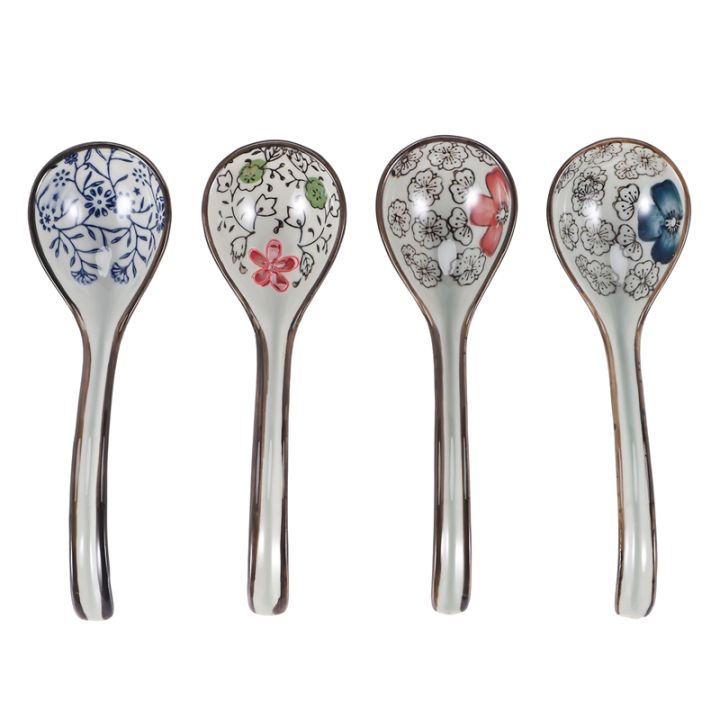 4-pieces-asian-retro-chinese-ceramic-rice-spoons-curved-handle-ramen-soup-spoon-painted-flower-spoons-with-long-handle