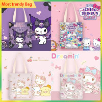 Sanrio Mymelody กระเป๋าทรงสี่เหลี่ยมมีหูหิ้วสะพายไหล่สำหรับผู้หญิง MODE Korea Kuromi ผ้าใบถุงซิปความจุสูง Hellokitty Tas Jinjing Bahu กระเป๋าทรงสี่เหลี่ยมมีหูหิ้วสะพายไหล่ทันสมัยสาวกระเป๋ามีที่จับ