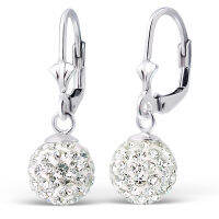 SilverThai8 mm White Crystal Ball Silver Lever-back HookEarrings.ต่างหูแบบตะขอก้านโยกสีเงินคริสตัลสีขาว 8 มม