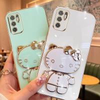 Folding Makeup Mirror Phone Case For Xiaomi POCO M3 Pro 4G 5G Redmi Note 10 5G Note 10T 5G  Case Fashion Cartoon Cute Cat Multifunctional Bracket Plating TPU Soft Cover Casing