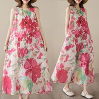 【HOT】▩✖㍿ 2023 New Arrival Loose O-neck Sleeveless Mid-calf A-line Floral Print Cotton Dresses V549