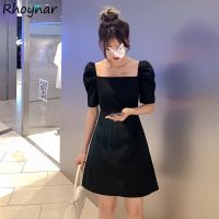 【CC】Puff Sleeve Dress Women Elegant Square Collar Mini Leisure Tunic Temperament Design Korean Style Summer Feminino Vestidos Simple