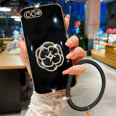 AnDyH For OPPO A3s A12e Realme C1 Case,Fashion Luxury Beautiful Girls Floral Stand + Hand Ring Simple Solid Color Plated Soft Phone Case