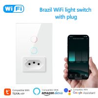 Tuya WiFi Wall Light Switch With Socket 16A Brazil 2 in 1 Smart Life Plug Remote Timing Voice Control Via Alexa Google Home