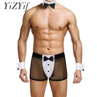 Men Erotic Tuxedo Uniform Waiter Sexy Halloween Role Play Costume Outfit Cute Briefs With Bowknot Collar Cuff Sissy Lingerie Set