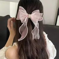 Fashion Pearls Net Yarn Bow Hairpin Girl Sweet Big Pearl Solid Organza Bowknot Duck Clip Headpieces Summer New Headdress