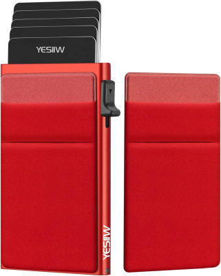 YESIIW Pop up Slim Card Holder RFID Blocking with Money Pocket | Minimalist Business Credit Card Wallet for Women and Men | Aluminum Metal Bank Card Case for Cards and Notes and Coins | Rose Red 14-Red