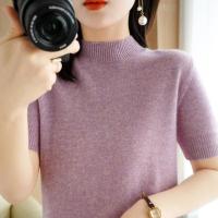 Half-turtleneck Womens Half-sleeve 2023 New Spring and Summer Knitted Short-sleeve Slim-fit Small Pullover Slimming Commuter Base Shirt 2023