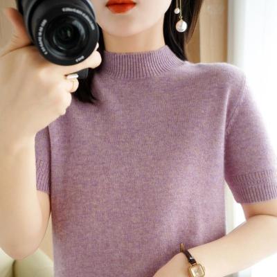 Half-turtleneck Womens Half-sleeve 2023 New Spring and Summer Knitted Short-sleeve Slim-fit Small Pullover Slimming Commuter Base Shirt 2023