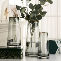 Light luxury simple gold glass vase y gray living room dried flowers flowers rich bamboo flower arrangement Nordic ornaments轻奢简约描金玻璃花瓶烟灰色客厅干花鲜花富贵竹插花花器北欧摆件