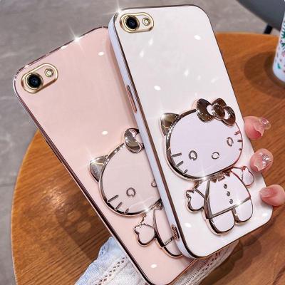 Folding Makeup Mirror Phone Case For Vivo Y66 Y65 Y67 V5S V5 Lite Y71 Y81 Y83 Y81i Y79 V7 Plus 1609 1803  Case Fashion Cartoon Cute Cat Multifunctional Bracket Plating TPU Soft Cover Casing