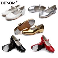 Child Slide Buckle with Bow Tap Shoes Shiny Patent Leather Non-skid Rubber Pad Tap Dance Shoes For Girls Women size 23-42