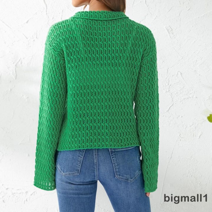bigmall-เสื้อคาร์ดิแกนกันหนาว-แขนยาว-ผ้าถักโครเชต์-สีพื้น-สําหรับผู้หญิง