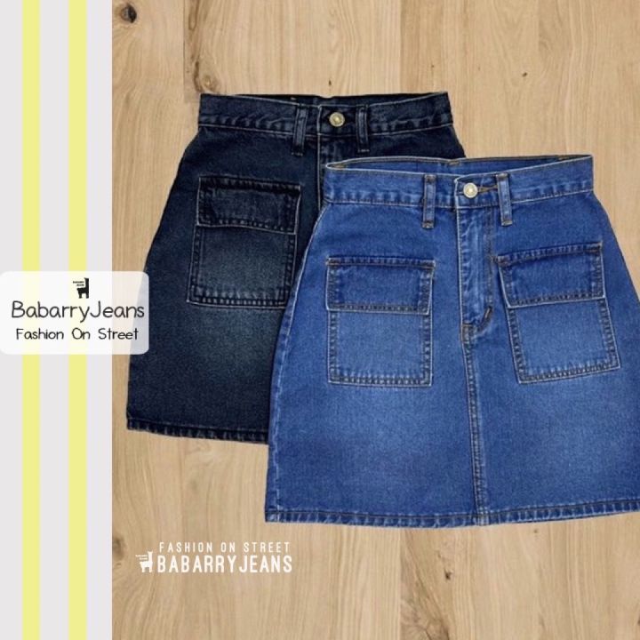 พร้อมส่ง-babarryjeans-กระโปรงยีนส์-ผญ-เอวสูง-แต่งกระเป๋าหน้า-สียีนส์-สีดำฟอก