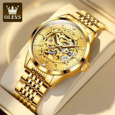 OLEVS นาฬิกาอัตโนมัติสีทองของผู้ชาย,นาฬิกากลไกการนำเข้าหรูหรากันน้ำรุ่นดั้งเดิมสเตนเลส