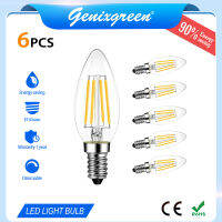 Genixgreen LED 6แพ็ค E14 220โวลต์เอดิสันหลอดไฟ C35เทียนหลอดไฟ4วัตต์ Dimmable อบอุ่นสีขาวเชิงเทียนเส้นใยหลอดไฟ Led ไฟสำหรับบ้านร่มห้องนั่งเล่นห้องนอนเพดาน