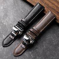 Handmade Lizard Skin Butterfly Clasp Leather Watchband18 19 20 21 22MM สายคล้องคอแบบปลดเร็วสีน้ำตาลสร้อยข้อมือผู้ชายสีดำ