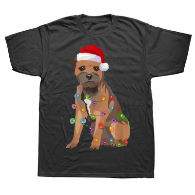 Funny Border Terrier Christmas Lights Xmas Dog Lover T Shirts Summer Graphic Cotton Streetwear Short Sleeve Birthday T shirt XS-6XL