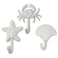 Set Of 3 Starfish Seashell Crab Cast Iron Decorative Wall Hooks Coats Aprons Towels Hooks Beach Ocean Theme Metal Hooks