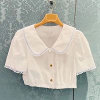 【Original Label】White Doll Neck Short Sleeve Shirt Short Fit Top Womens Sexy Versatile Sweet Shirt