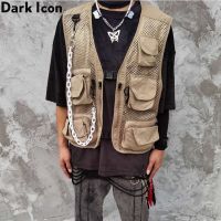 CODAndrew Hearst Dark Icon Mesh Multiple Pockets Cargo Vest One Buckle Street Fashion Mens Vest Jackets with Sleeveless