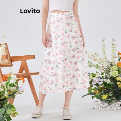 Lovito กระโปรง ซิปหลัง ลายดอกไม้ สไตล์โบโฮ สำหรับผู้หญิง L54ED084 (สีขาว)
