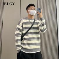 IELGY เสื้อสเวตเตอร์สวมหัวผู้ชาย,เสื้อสเวตเตอร์แบบสวมหัวมีคอกลมหนาลายทางสีตัดกันแบบญี่ปุ่น