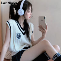 Laz Nigori เสื้อกั๊กเสื้อแขนกุดผ้าถักสไตล์มหาลัยสำหรับผู้หญิง,เสื้อกั๊กเสื้อนอกเสื้อสเวตเตอร์คอวีสั้นเสื้อกั๊กแขนกุด