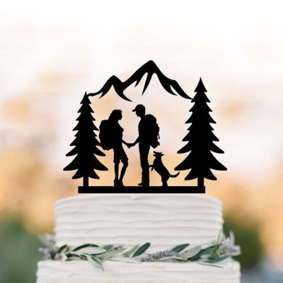 Backpacking Bride Groom outdoor wedding Mountain Wedding Cake Topper with trees Hiking Couple wedding cake topper with dog