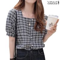 COD dhdfxcz ZANZEA Women Puff Half Sleeved Plaid Printed Korean Fashion Square Collar Blouse