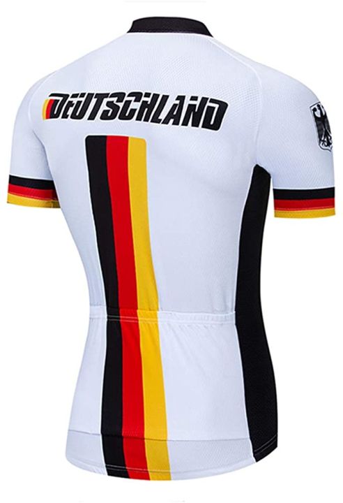 pro-germany-เสื้อเจอร์ซี่แขนสั้นสำหรับปั่นจักรยาน-เสื้อทีมปั่นจักรยานมีซิปเต็มแขนแห้งเร็วพร้อมกระเป๋าด้านหลัง