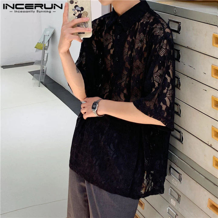 เสื้อลูกไม้การทอผ้า-jacquard-เสื้อเชิ้ตลำลองปกลายดอกไม้สำหรับผู้ชายแขนสั้น-incerun-สไตล์เกาหลี