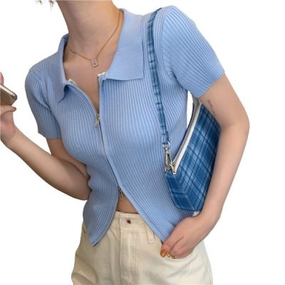 เสื้อโปโลแขนสั้นสำหรับผู้หญิง,เสื้อถักซิปสองชั้นแถบเลื่อนสีน้ำเงิน