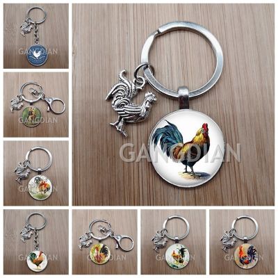 Oil painting chicken cabochon glass pendant animal keychain chicken car DIY keychain jewelry Key Chains